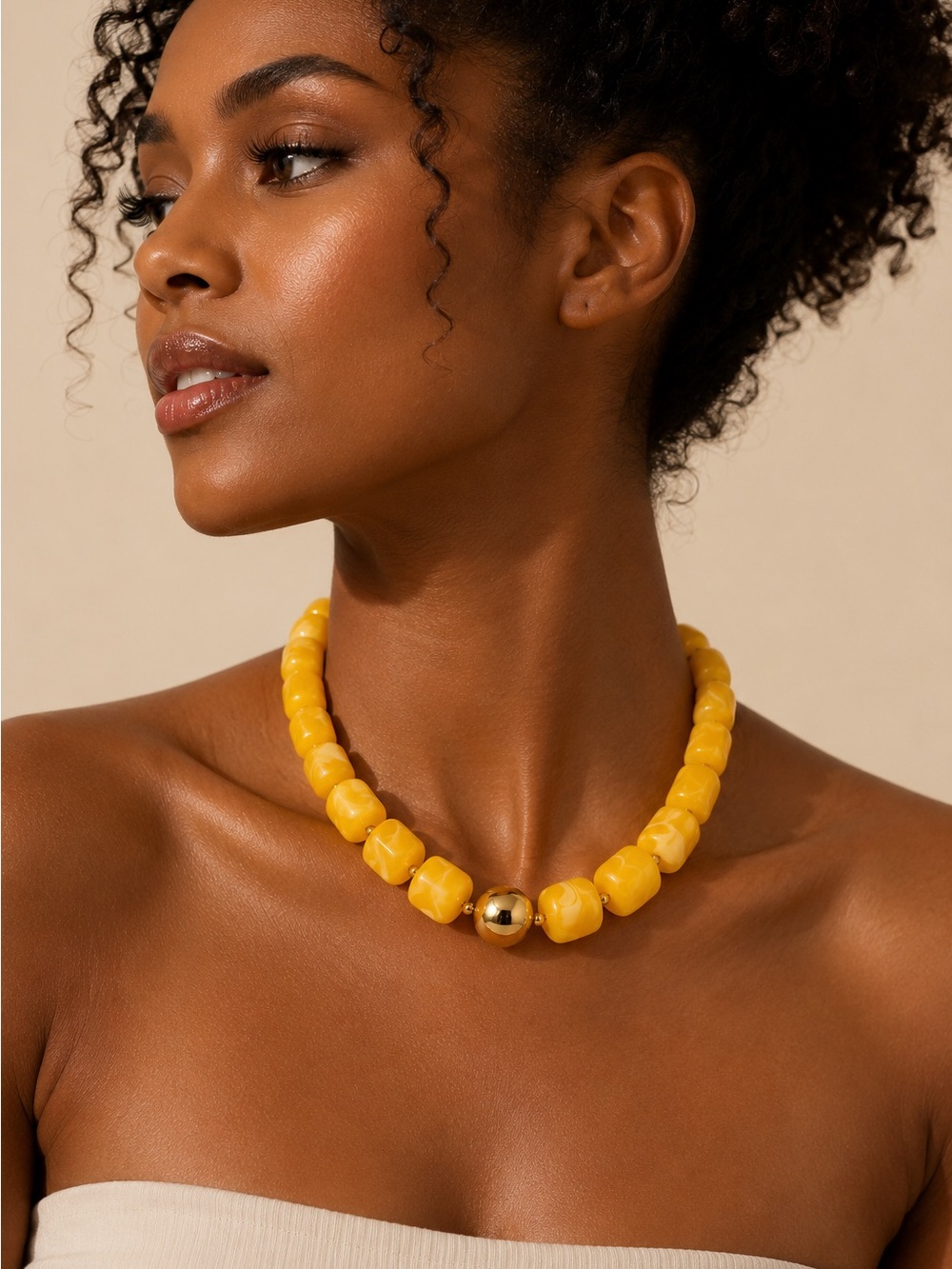 Modern Yellow Beaded Necklace with Gold Accent